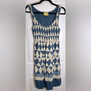 Anthropologie Batik Blue and Cream Geometric Dress